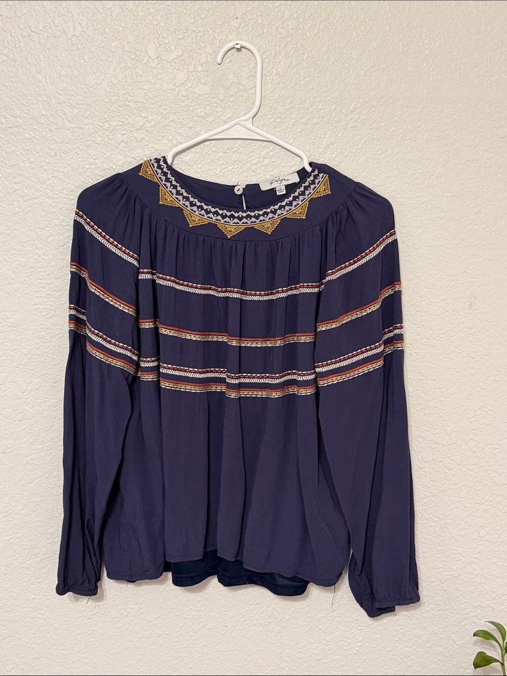 Polagram navy boho embroidered blouse